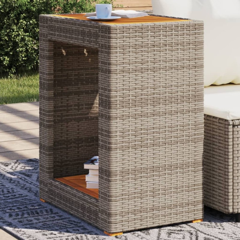 vidaXL Mesa auxiliar jardín tapa madera ratán PE gris 60x40x75 cm vidaXL Mesa auxiliar jardín tapa madera ratán PE gris 60x40x75 cm