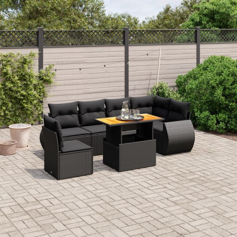 vidaXL Set de comedor de jardín 7 pzas y cojines ratán sintético negro vidaXL Set de comedor de jardín 7 pzas y cojines ratán sintético negro