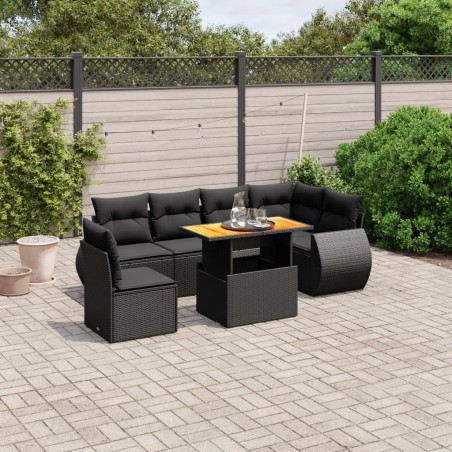 vidaXL Set de comedor de jardín 7 pzas y cojines ratán sintético negro