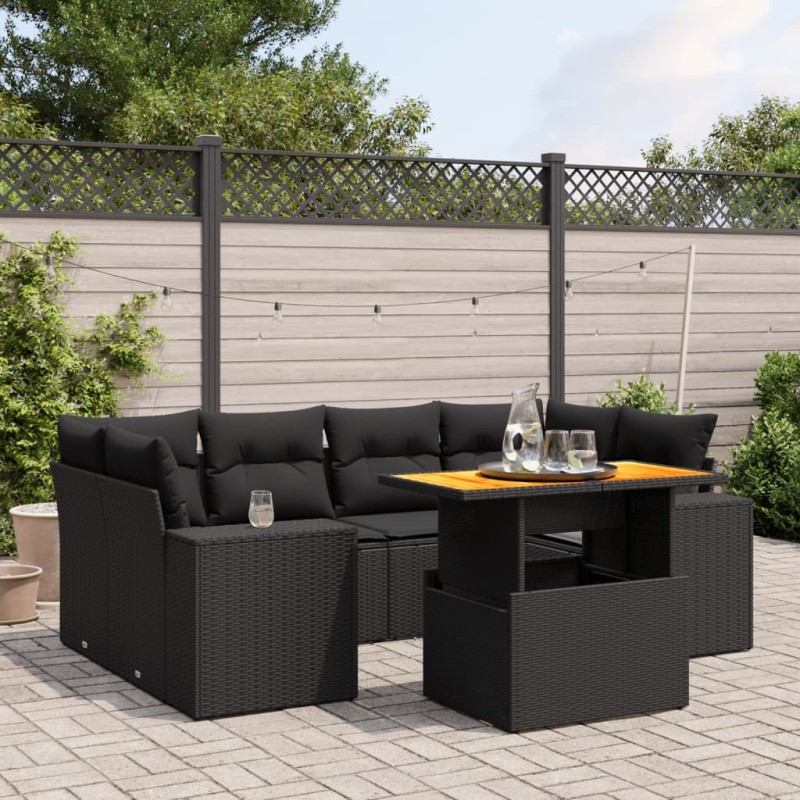 vidaXL Set de comedor de jardín 7 pzas y cojines ratán sintético negro vidaXL Set de comedor de jardín 7 pzas y cojines ratán sintético negro