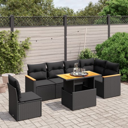 vidaXL Set de comedor de jardín 7 pzas y cojines ratán sintético negro