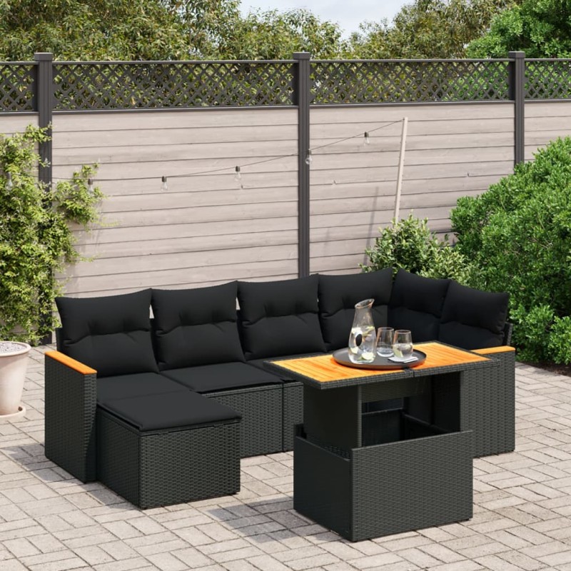 vidaXL Set de comedor de jardín 7 pzas y cojines ratán sintético negro vidaXL Set de comedor de jardín 7 pzas y cojines ratán sintético negro