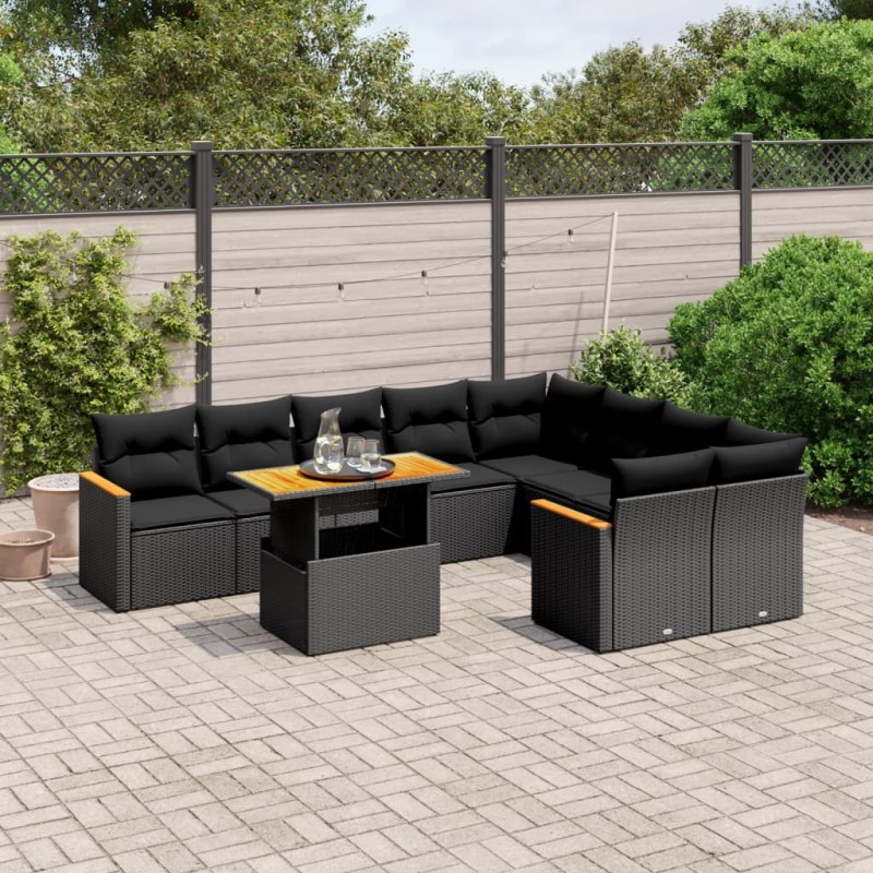 vidaXL Set de sofás de jardín 10 pzas cojines ratán sintético negro vidaXL Set de sofás de jardín 10 pzas cojines ratán sintético negro