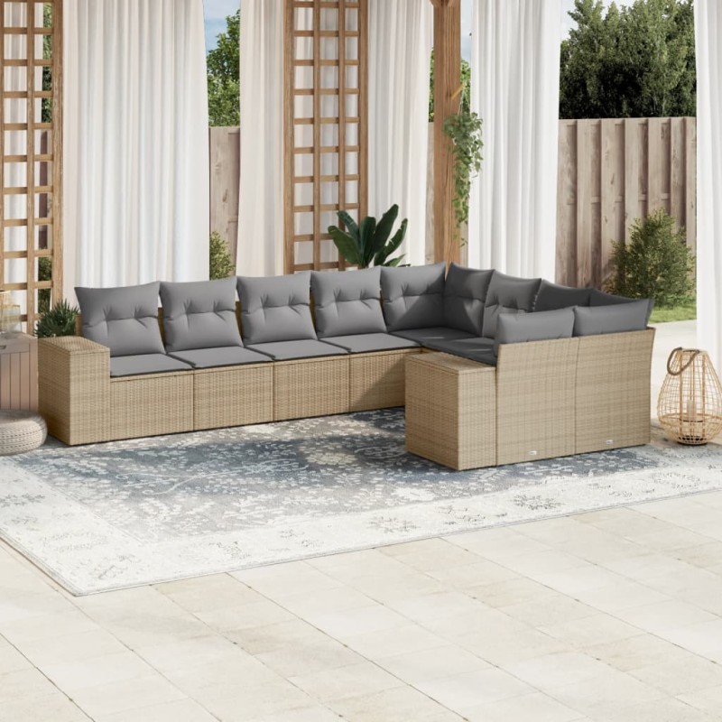 vidaXL Set de sofás de jardín 9 pzas con cojines ratán sintético beige vidaXL Set de sofás de jardín 9 pzas con cojines ratán sintético beige