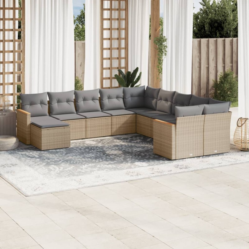 vidaXL Set de sofás de jardín 11pzas con cojines ratán sintético beige vidaXL Set de sofás de jardín 11pzas con cojines ratán sintético beige