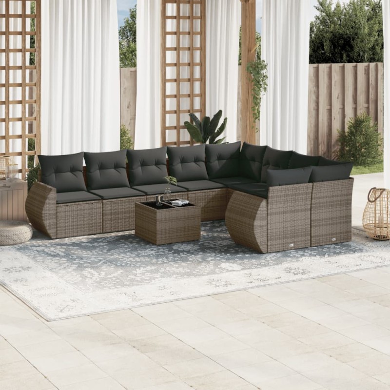 vidaXL Set de sofás de jardín 10 pzas con cojines ratán sintético gris vidaXL Set de sofás de jardín 10 pzas con cojines ratán sintético gris