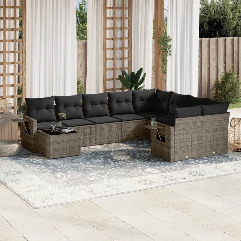 vidaXL Set de sofás de jardín 10 pzas con cojines ratán sintético gris vidaXL Set de sofás de jardín 10 pzas con cojines ratán sintético gris