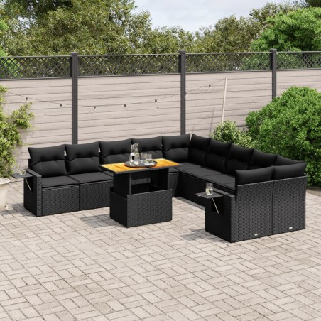vidaXL Set de sofás de jardín 11 pzas y cojines ratán sintético negro