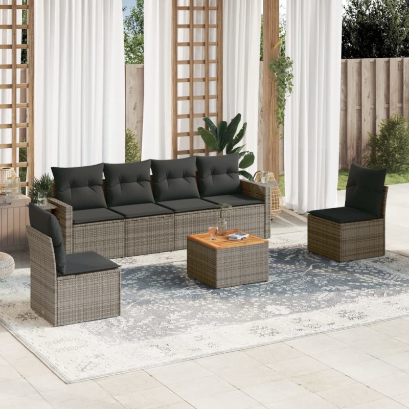 vidaXL Set de sofás de jardín 7 piezas con cojines ratán PE gris vidaXL Set de sofás de jardín 7 piezas con cojines ratán PE gris