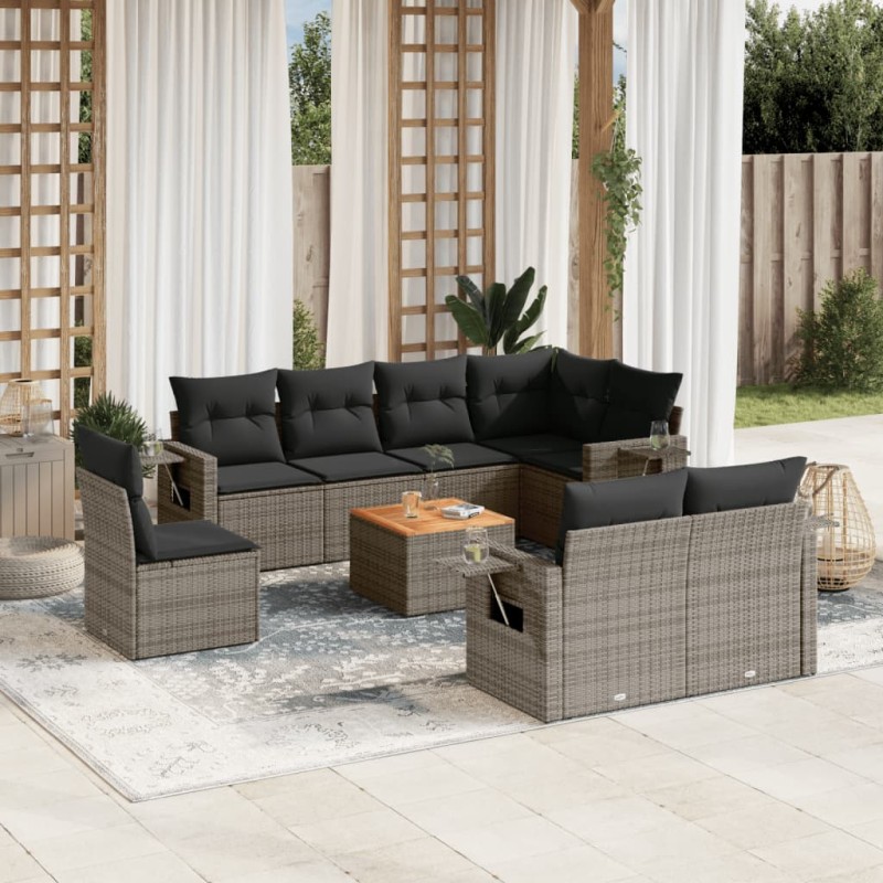 vidaXL Set de muebles de jardín 9 pzas y cojines ratán sintético gris vidaXL Set de muebles de jardín 9 pzas y cojines ratán sintético gris