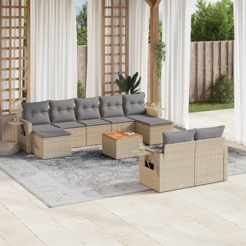 vidaXL Juego de sofás jardín con cojines beige 10 pzas ratán sintético