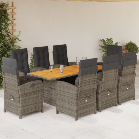 vidaXL Set comedor jardín 9 pzas y cojines ratán sintético gris