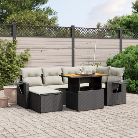vidaXL Set de comedor de jardín 7 pzas y cojines ratán sintético negro