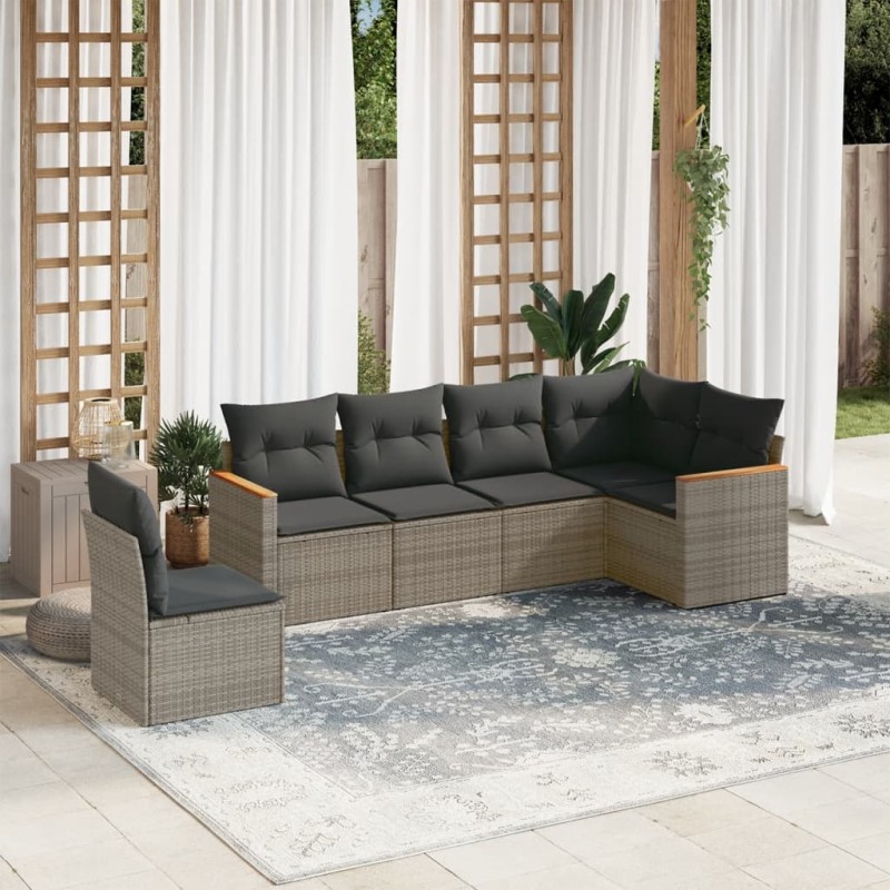 vidaXL Set de muebles de jardín 6 pzas y cojines ratán sintético gris vidaXL Set de muebles de jardín 6 pzas y cojines ratán sintético gris