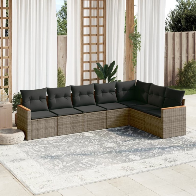 vidaXL Set de sofás de jardín 7 piezas con cojines ratán PE gris vidaXL Set de sofás de jardín 7 piezas con cojines ratán PE gris