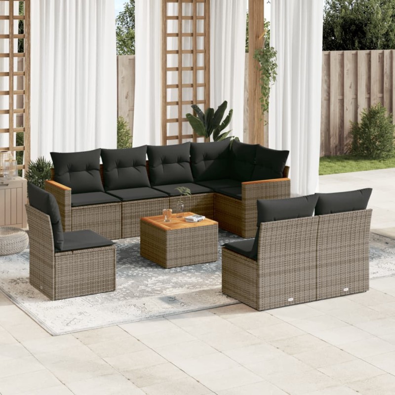 vidaXL Set de muebles de jardín 9 pzas y cojines ratán sintético gris