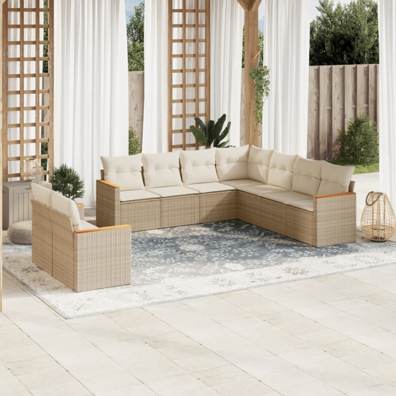 vidaXL Set de sofás de jardín 9 pzas con cojines ratán sintético beige vidaXL Set de sofás de jardín 9 pzas con cojines ratán sintético beige