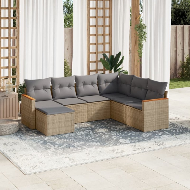 vidaXL Juego de sofás jardín con cojines beige mezcla 7 pzas ratán PE vidaXL Juego de sofás jardín con cojines beige mezcla 7 pzas ratán PE