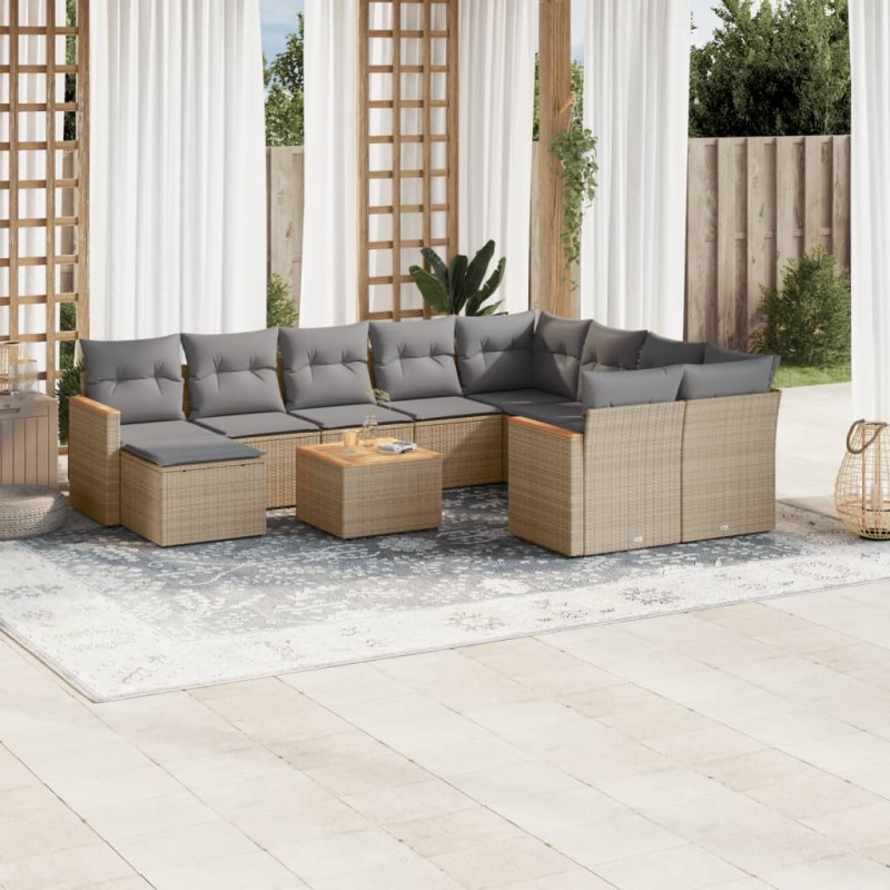 vidaXL Juego de sofás jardín con cojines beige mezcla 11 pzas ratán PE