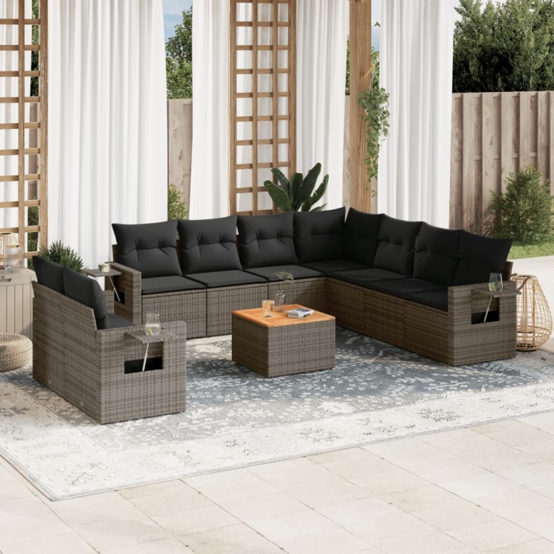 vidaXL Set de sofás de jardín 10 pzas con cojines ratán sintético gris vidaXL Set de sofás de jardín 10 pzas con cojines ratán sintético gris