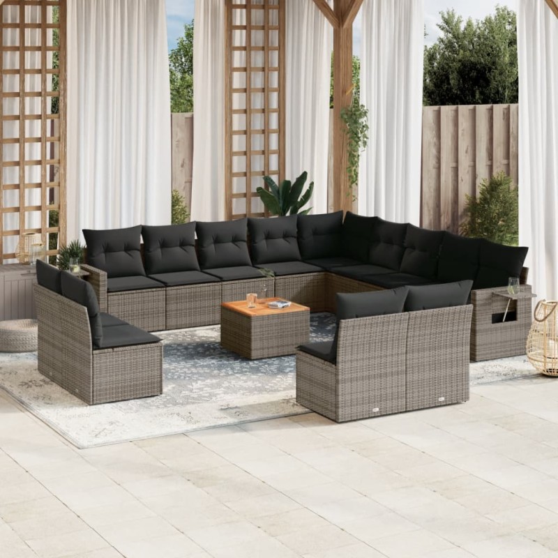 vidaXL Set de sofás de jardín 14 pzas con cojines ratán sintético gris