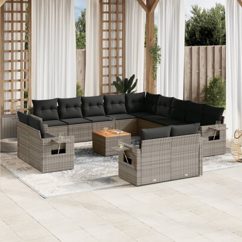 vidaXL Set de sofás de jardín 14 pzas con cojines ratán sintético gris vidaXL Set de sofás de jardín 14 pzas con cojines ratán sintético gris