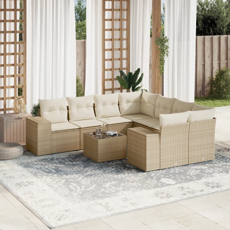 vidaXL Set de sofás de jardín 9 pzas con cojines ratán sintético beige vidaXL Set de sofás de jardín 9 pzas con cojines ratán sintético beige