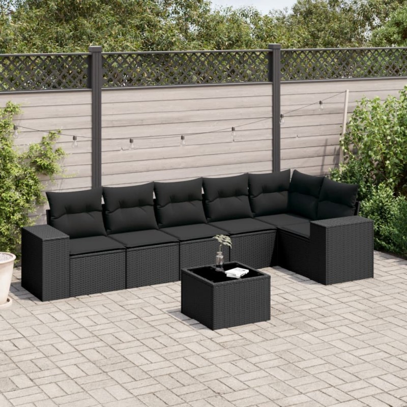 vidaXL Set de comedor de jardín 7 pzas y cojines ratán sintético negro