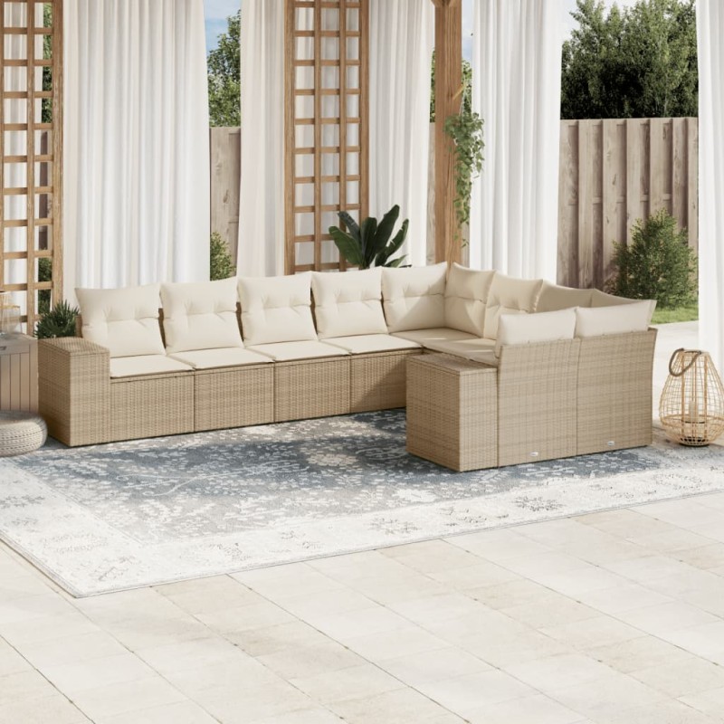 vidaXL Set de sofás de jardín 9 pzas con cojines ratán sintético beige vidaXL Set de sofás de jardín 9 pzas con cojines ratán sintético beige
