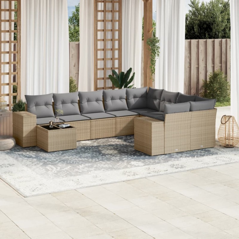 vidaXL Juego de sofás jardín con cojines beige 10 pzas ratán sintético