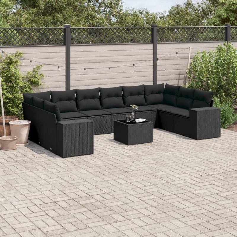 vidaXL Set de sofás de jardín 11 pzas y cojines ratán sintético negro vidaXL Set de sofás de jardín 11 pzas y cojines ratán sintético negro