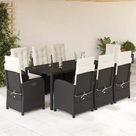 vidaXL Set de comedor de jardín 9 pzas y cojines ratán sintético negro