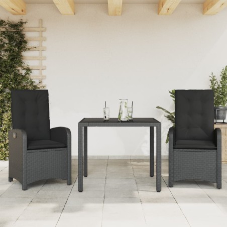 vidaXL Set comedor de jardín 3 pzas con cojines ratán sintético negro
