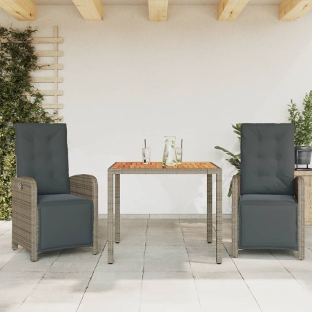 vidaXL Sillas y mesita de jardín con cojines 3 piezas ratán PE gris