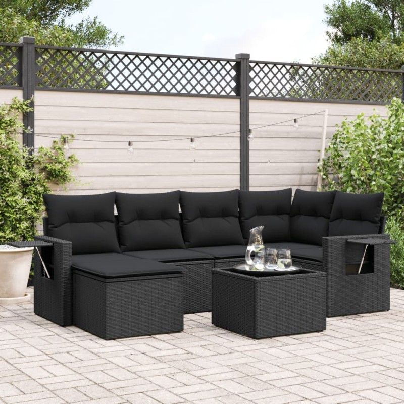 vidaXL Set de comedor de jardín 7 pzas y cojines ratán sintético negro vidaXL Set de comedor de jardín 7 pzas y cojines ratán sintético negro
