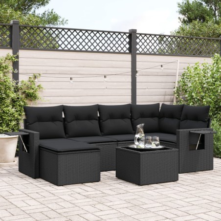 vidaXL Set de comedor de jardín 7 pzas y cojines ratán sintético negro