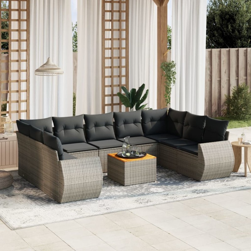 vidaXL Set de sofás de jardín 10 pzas con cojines ratán sintético gris vidaXL Set de sofás de jardín 10 pzas con cojines ratán sintético gris