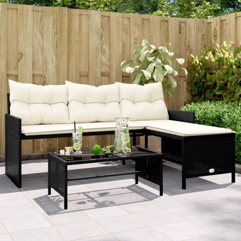 vidaXL Sofá de jardín en forma de L con mesa y cojines ratán PE negro vidaXL Sofá de jardín en forma de L con mesa y cojines ratán PE negro