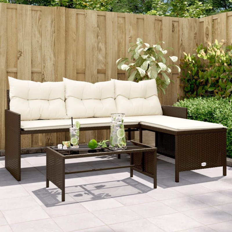 vidaXL Sofá de jardín en forma de L con mesa y cojines ratán PE marrón vidaXL Sofá de jardín en forma de L con mesa y cojines ratán PE marrón