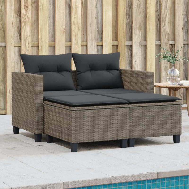 vidaXL Sofá de jardín 2 plazas con toldo y taburetes ratán PE gris vidaXL Sofá de jardín 2 plazas con toldo y taburetes ratán PE gris