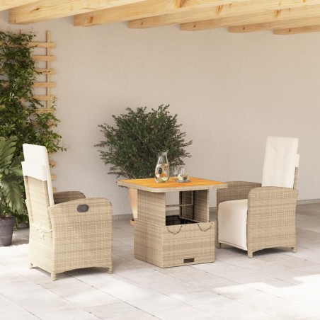 vidaXL Set comedor de jardín 3 pzas con cojines ratán sintético beige