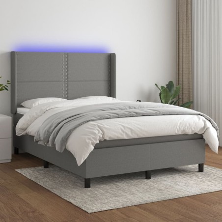 vidaXL Cama box spring colchón y luces LED tela gris oscuro 140x200 cm