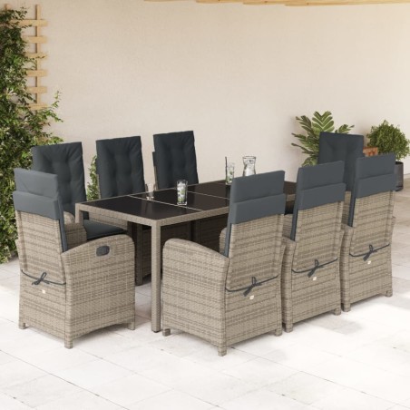 vidaXL Set comedor jardín 9 pzas y cojines ratán sintético gris