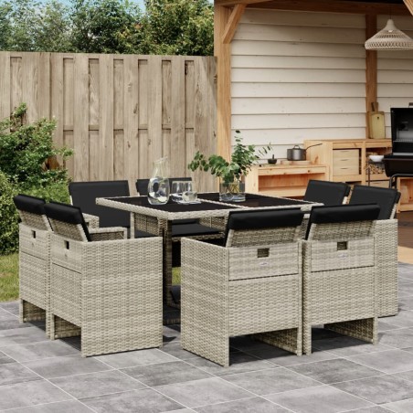 vidaXL Set comedor de jardín 9 pzas cojines ratán sintético gris claro