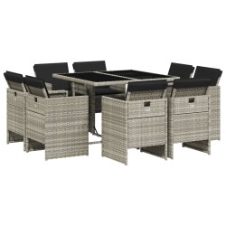 vidaXL Set comedor de jardín 9 pzas cojines ratán sintético gris claro