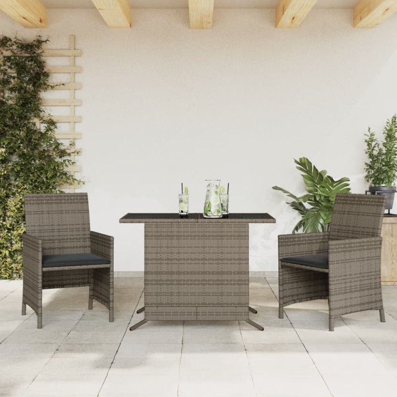 vidaXL Sillas y mesita de jardín con cojines 3 piezas ratán PE gris vidaXL Sillas y mesita de jardín con cojines 3 piezas ratán PE gris