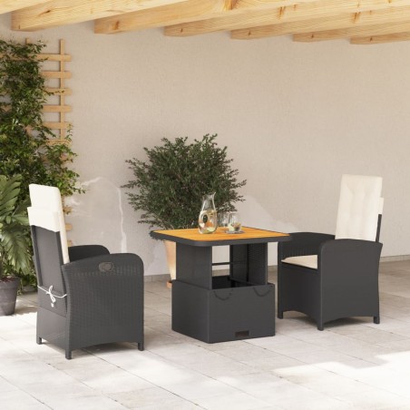 vidaXL Set comedor de jardín 3 pzas con cojines ratán sintético negro