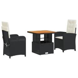 vidaXL Set comedor de jardín 3 pzas con cojines ratán sintético negro