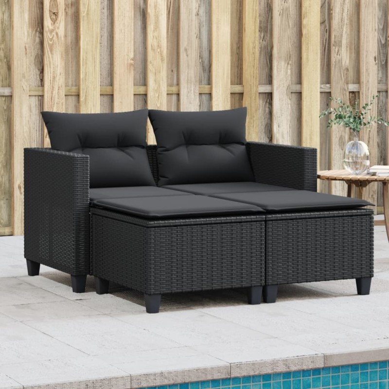 vidaXL Sofá de jardín 2 plazas con toldo y taburetes ratán PE negro vidaXL Sofá de jardín 2 plazas con toldo y taburetes ratán PE negro