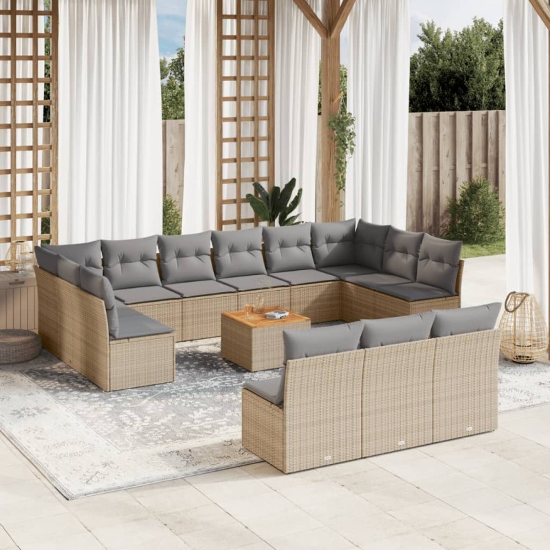vidaXL Set sofás de jardín 14 pzas con cojines ratán sintético beige vidaXL Set sofás de jardín 14 pzas con cojines ratán sintético beige